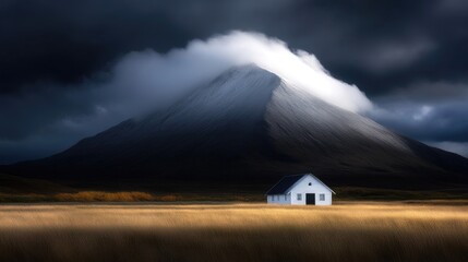 Solitary white house nestled in a field bathed in golden sunlight, dramatic mountain backdrop and dark clouds