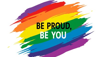 Colorful rainbow brush strokes with the motivational message be proud be you on a white background