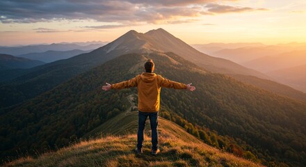 Fototapeta premium A lone traveler facing a panoramic mountain or ocean view, arms stretched out, symbolizing freedom, adventure, and self-discovery. Ideal for travel, lifestyle, or motivational themes.