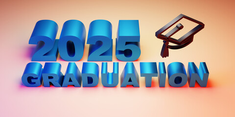 3d illustration of word graduation with graduate cap on white background. A cap thrown up. Graduates 2025 class of graduations. 3d render of greeting, banner, invitation card