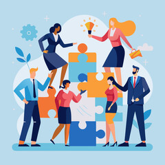 Business Teamwork Concept. Vector illustration in flat style of a group of diverse people in business suits putting together pieces of a puzzle. Isolated on background