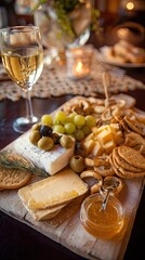 Gourmet food platter with wine glass and soft light background showcasing assorted cheeses grapes olives and crackers.