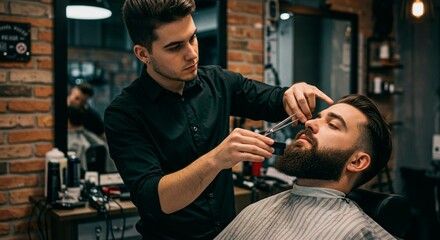 Barber trimming a client's beard with scissors in a barbershop setting near a brick wall and mirror