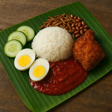 Chicken nasi lemak on banana leaf 