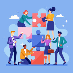 Business Teamwork Concept. Vector illustration in flat style of a group of diverse people in business suits putting together pieces of a puzzle. Isolated on background