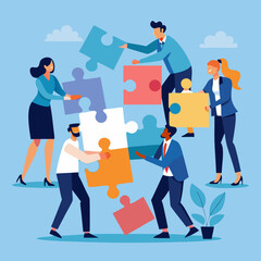 Business Teamwork Concept. Vector illustration in flat style of a group of diverse people in business suits putting together pieces of a puzzle. Isolated on background