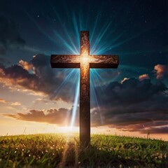 A wooden cross stands in a grassy field under a bright sun, symbolizing peace and reflection in nature