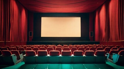 An empty theater featuring red seats and a large screen at the front, ready for a film presentation