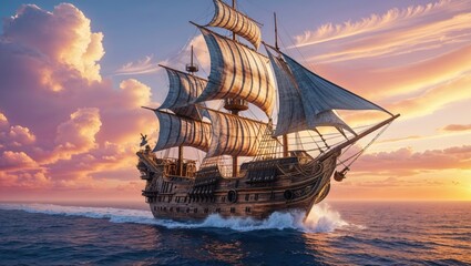 Fototapeta premium A majestic galleon sails across the ocean at sunset, its sails full, catching the warm light of the setting sun. A breathtaking sight of nautical adventure.