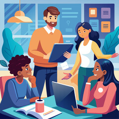 Business Teamwork Concept. Vector illustration in flat style of a group of diverse people in business suits putting together pieces of a puzzle. Isolated on background