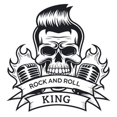 Fototapeta premium Skull with Pompadour Hairstyle, Microphones, Rock and Roll King Banner on White