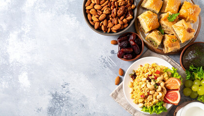 Background table with delicious food, fruits and vegetables for breaking the fast during ramadan