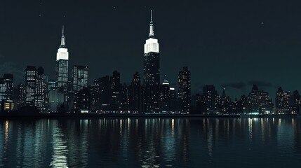 Obraz premium Night cityscape skyline reflecting on water