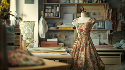 Home sewing studio showcases an unfinished floral dress ready for creative touches