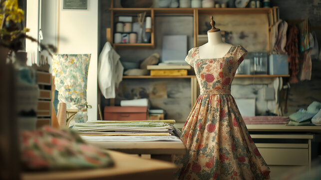 Home sewing studio showcases an unfinished floral dress ready for creative touches