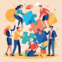 Business Teamwork Concept. Vector illustration in flat style of a group of diverse people in business suits putting together pieces of a puzzle. Isolated on background