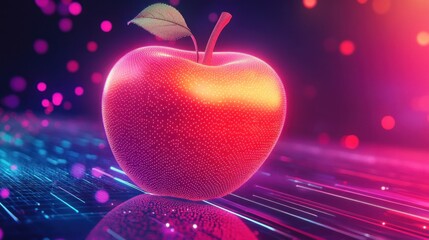 Digital apple, vibrant colors, futuristic