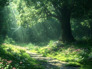 Obraz premium Sunlit path through lush forest