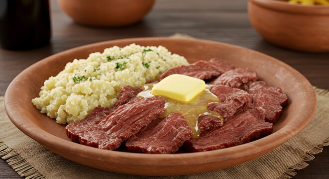 Carne de sol with macaxeira (cassava) and butter, served on a rustic plate, warm tones.