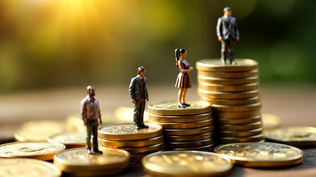Miniature people standing on stacks of coins of different heights symbolizing income inequality, wage gap, social class differences, and economic disparity in society.