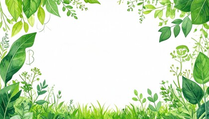 Fototapeta premium BCG organic watercolor concept. Floral border design featuring various green leaves and plants.
