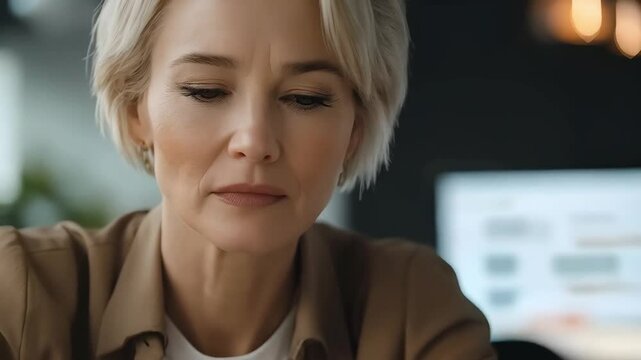 Confident senior businesswoman working on laptop in modern office setting