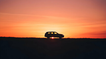 Silhouette of a car against a vibrant sunset horizon.