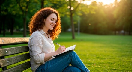 Obraz premium Woman with curly red hair writing in a notebook while sitting on a bench in a park at sunset