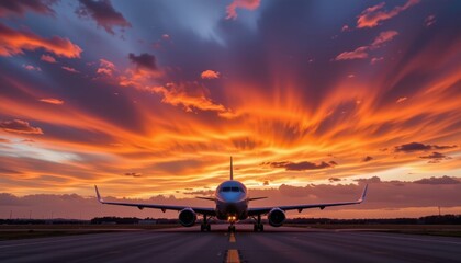 The airplane sits on the runway as the setting sun casts a fiery glow across the sky, painting the clouds in shades of orange, red, and purple