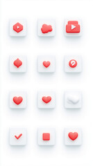 Social Media Icons: A collection of modern social media icons, including play, heart, and speech bubbles, on a clean, minimalist background. Each icon is designed to visually represent the concept.