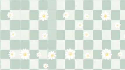 Delicate daisy pattern on a light mint-green checkered background. Small white daisies with yellow centers are scattered across the design