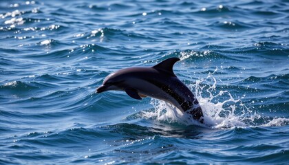 Naklejka premium The majestic dolphin gracefully leaps out of the sparkling ocean waves, its sleek silhouette cutting through the air before diving back into the glistening blue depths.