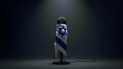 Israel's flag constricts a microphone, symbolizing muted dissent. The frayed fabric and dark backdrop amplify tension. A striking, minimalist protest image.