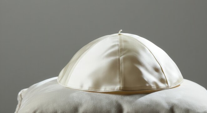 Pristine white silk Papal zucchetto (skullcap) is meticulously placed on a plush cushion, symbolizing a vacant Papal See with quiet dignity