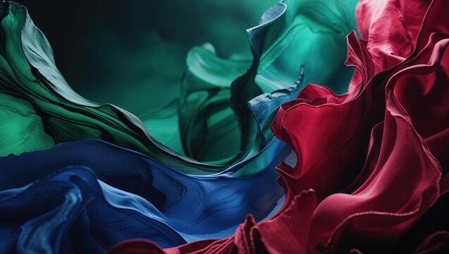 Swirling fabrics in rich jewel tones create a captivating abstract image. Deep blues, greens, and reds dance across the frame, evoking a sense of movement and fluidity.