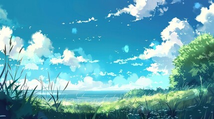 Obraz premium Light Blue Cartoon Anime Style Background: A Delightful Fusion of Whimsy and Visual Charm