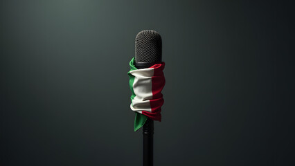 Italy's flag muffles a microphone, a stark emblem of controlled speech. Dark lighting and frayed edges evoke unease. A powerful, minimalist visual.