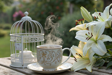 Steaming Cup Hot Beverage Lilies Ornate Birdcage Still Life Cozy Vintage Ambiance Tea Coffee Morning