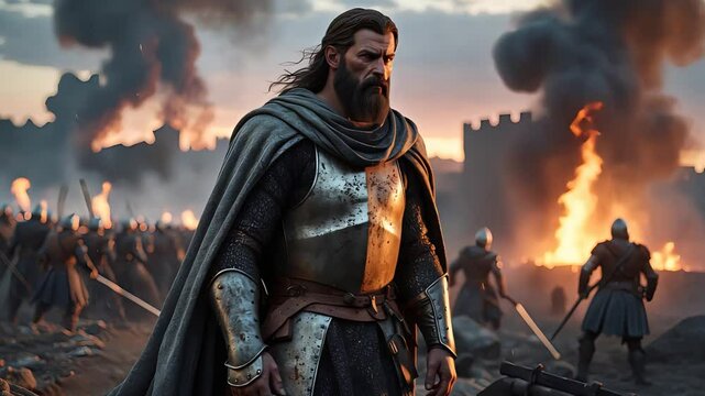 Medieval knight in battle armor standing before burning castle with sword-wielding soldiers and smoke rising in dramatic battlefield scene

