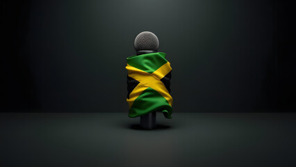 Jamaica's flag stifles a microphone, a metaphor for suppressed voices. Dark tones and sharp lighting heighten the minimalist tension. A bold protest piece.