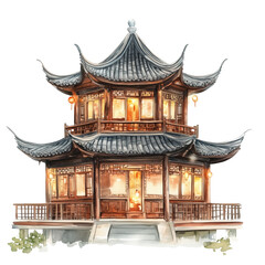 Obraz premium Traditional Chinese Wooden Architecture with Interior Lighting on Transparent
