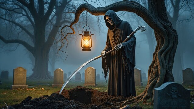 The Grim Reaper stands in a graveyard at dusk, a lantern illuminating the scene.  A haunting image of mortality and the afterlife.
