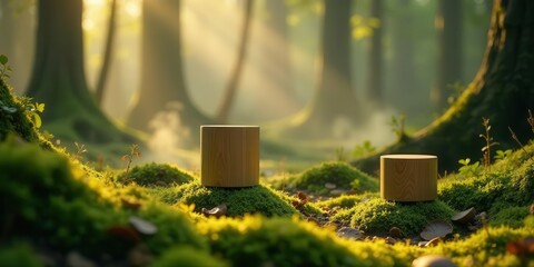 Wooden Cylinders Resting on Mossy Forest Floor in Golden Sunlight