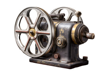 Obraz premium Detailed aged machine. Old, metallic, textured film projector equipment sits on transparent background