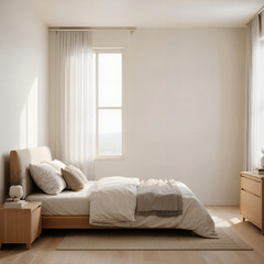 Minimalist bedroom with natural wood furniture, soft textiles, and serene daylight creating a peaceful atmosphere