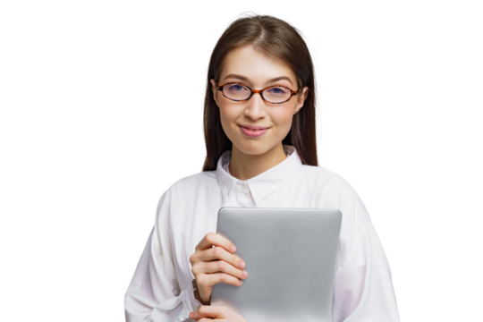Bright-eyed student embraces technology in modern classroom setting with tablet in hand
