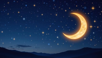 Fototapeta premium The background template features a serene night sky with a crescent moon and twinkling stars, creating a peaceful and festive atmosphere for sending Ramadan Kareem greetings