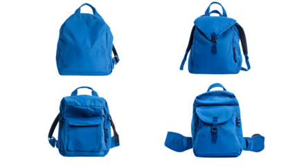 Blue Backpack Set Isolated on White Background for Travel and School Supplies