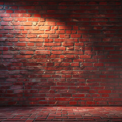 Red brick wall with dramatic lighting and brick floor. Rustic, textured surface ideal for background, vintage themes, or industrial interior scenes.