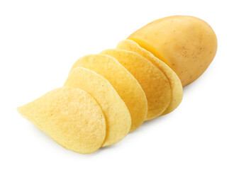 Tasty chips and sliced raw potato isolated on white